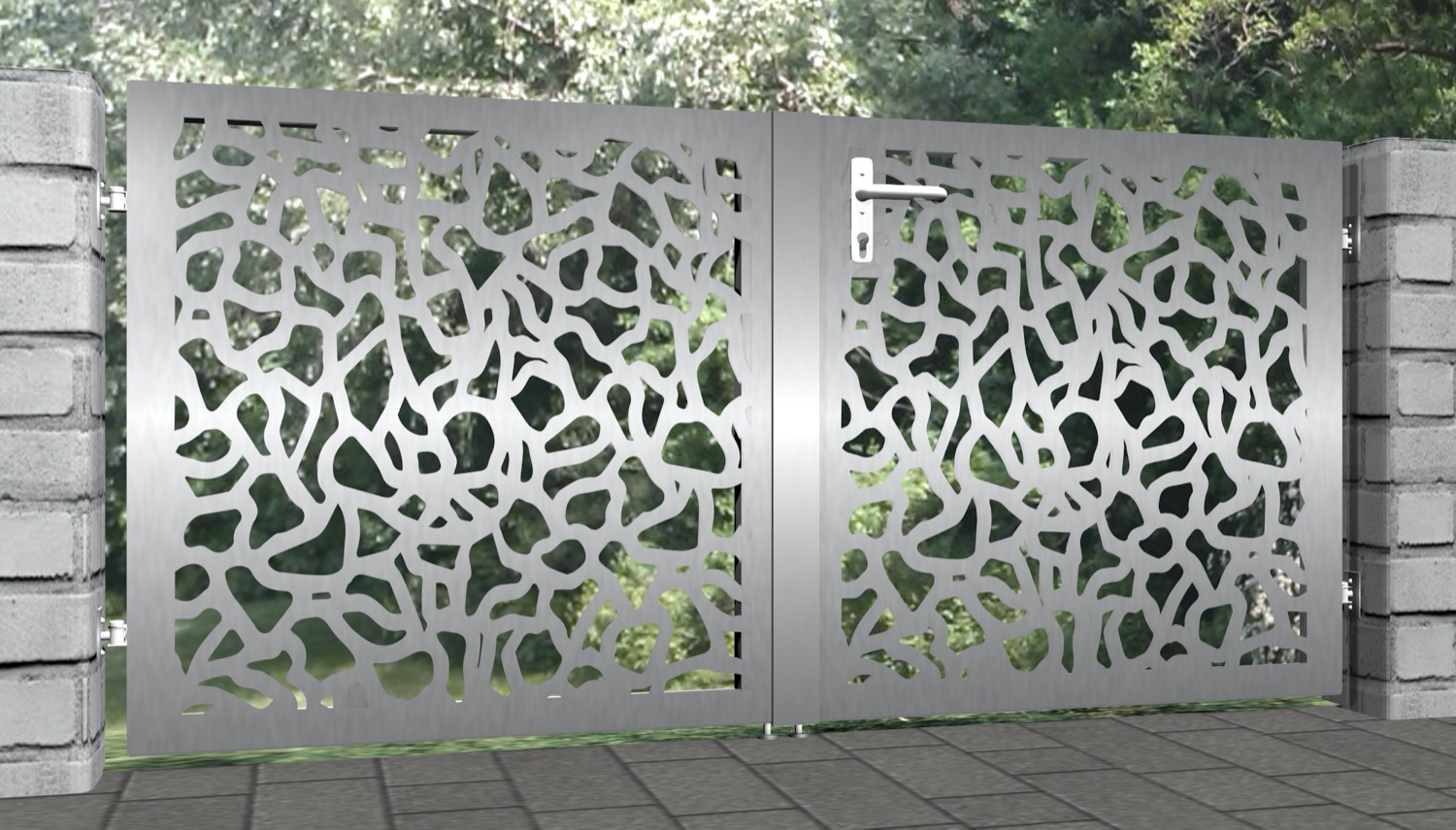 Tuinpoort roestvrij staal 2-vleugelig laser cut ontwerp AB 2