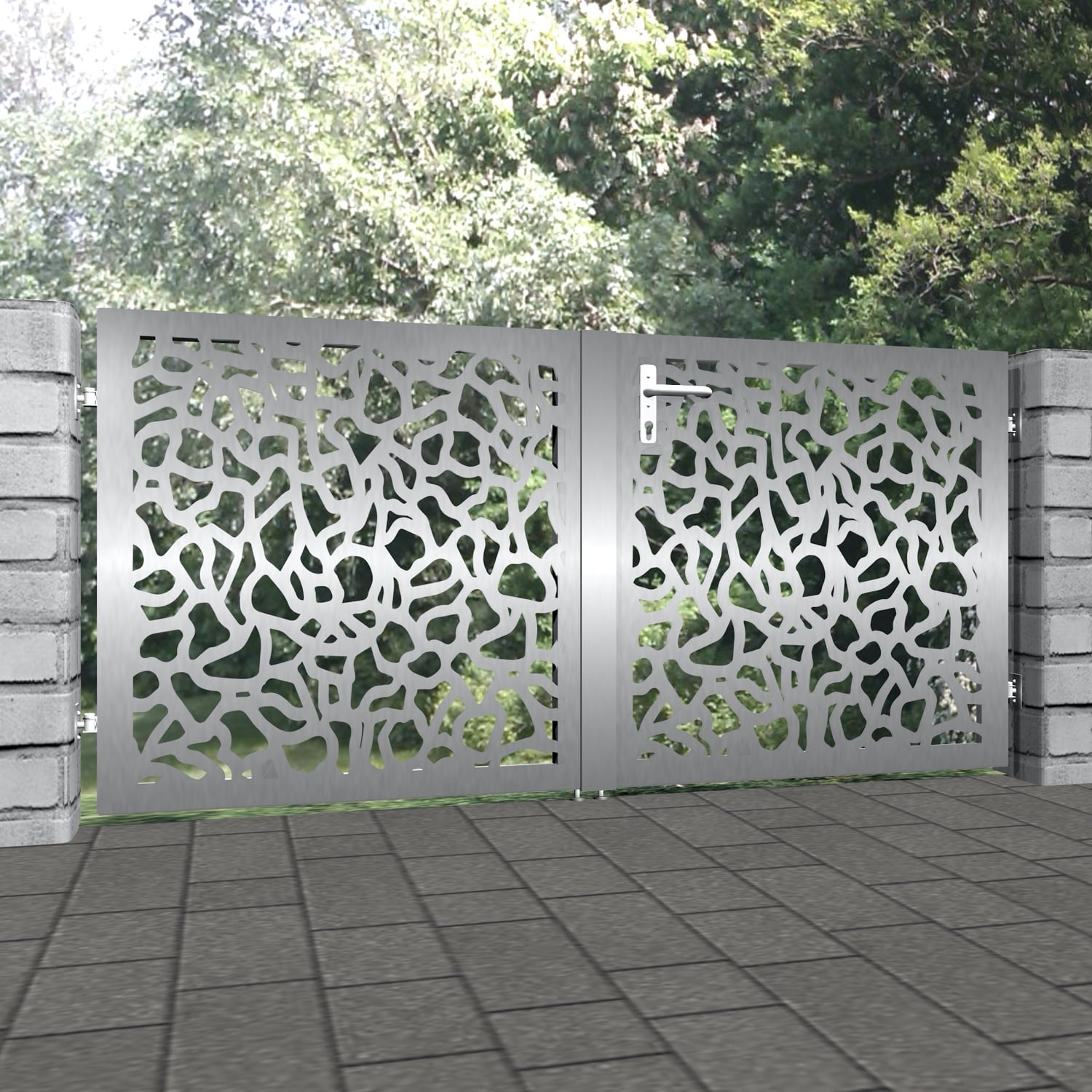 Tuinpoort roestvrij staal 2-vleugelig laser cut ontwerp AB 2