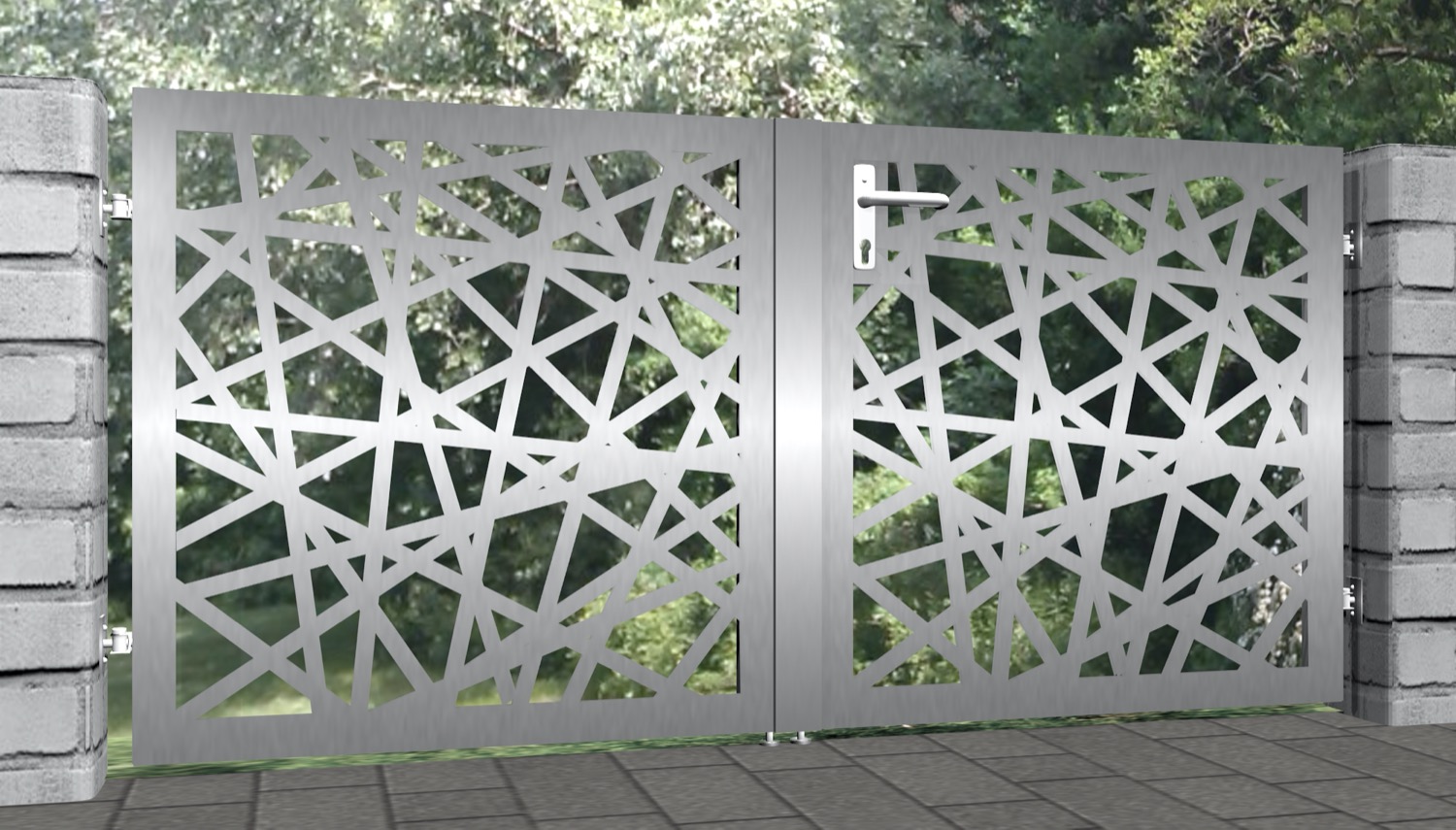 Tuinpoort roestvrij staal 2-vleugelig laser cut ontwerp AB 1